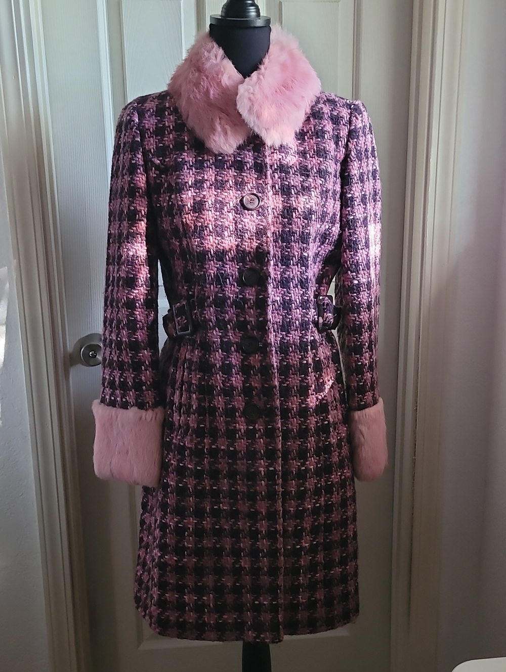 Guess Pink and PURPLE Houndstooth RABBIT Fur Trim Pea Coat SIZE M 45% WOOL